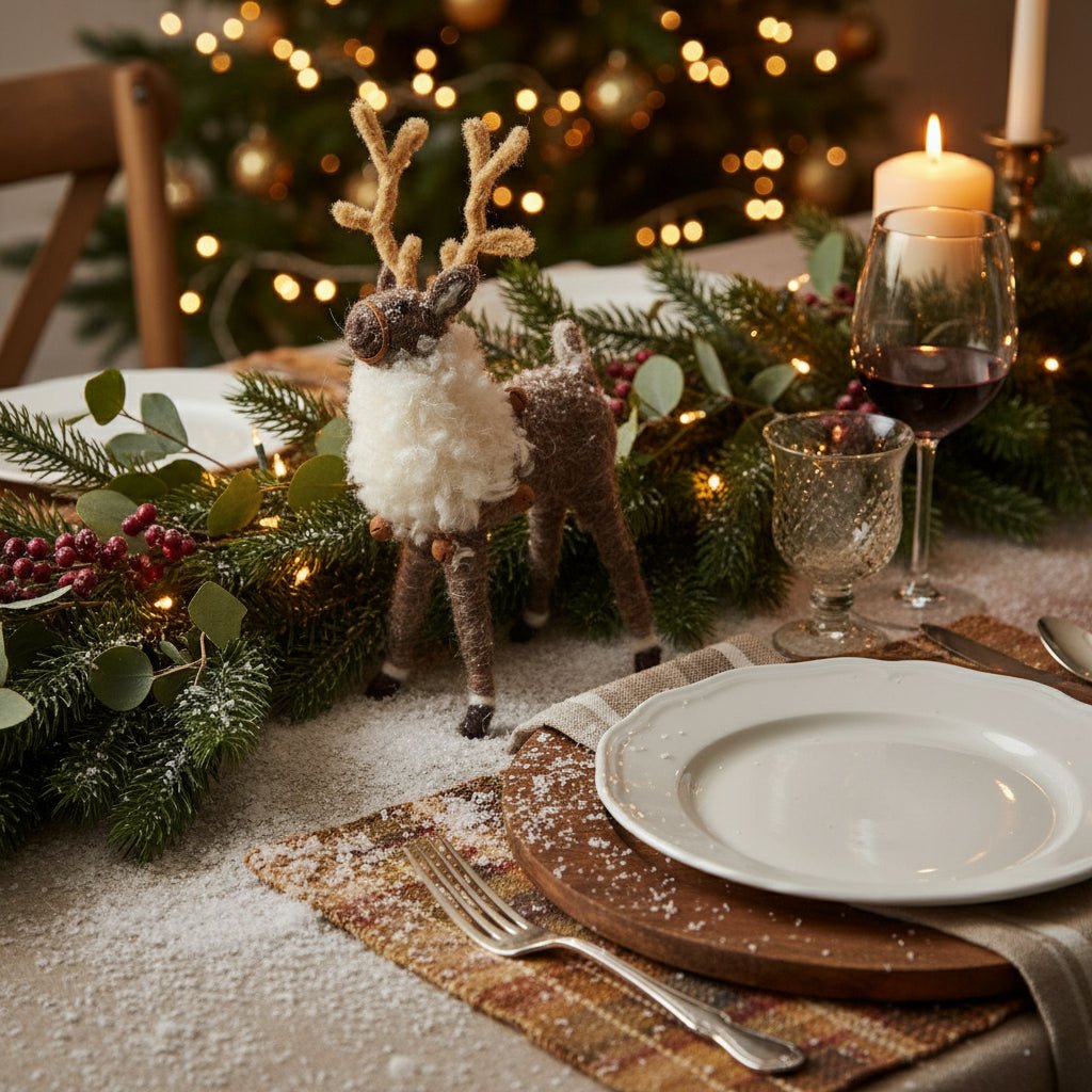Primitive Farmhouse Christmas Wool Reindeer Shelf Sitter w/ Bells 9" - The Primitive Pineapple Collection