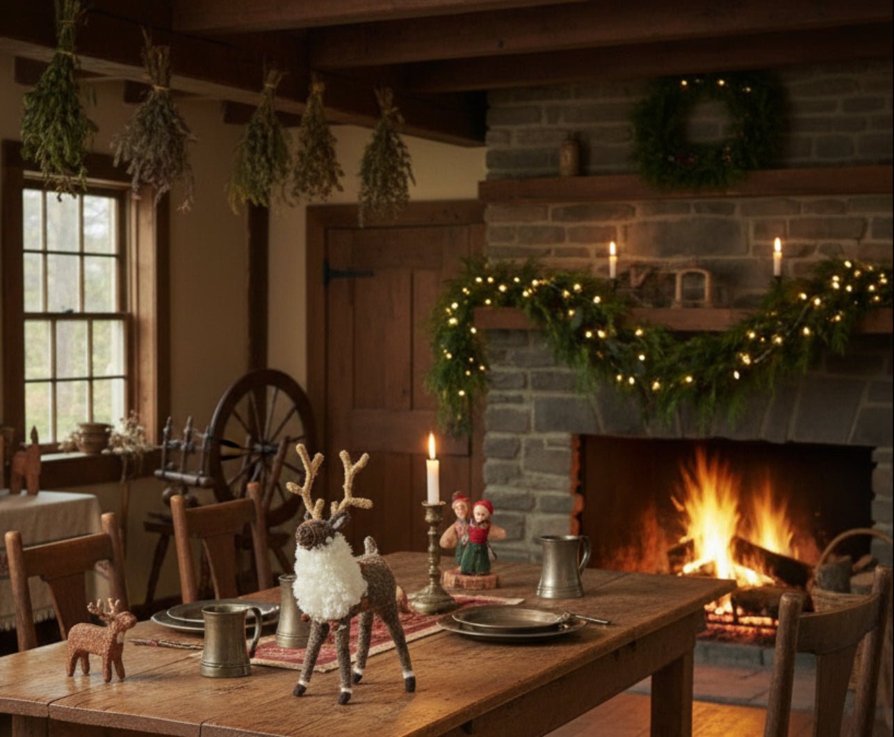 Primitive Farmhouse Christmas Wool Reindeer Shelf Sitter w/ Bells 9" - The Primitive Pineapple Collection