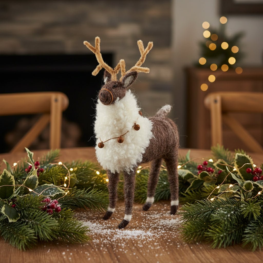 Primitive Farmhouse Christmas Wool Reindeer Shelf Sitter w/ Bells 12.25" - The Primitive Pineapple Collection