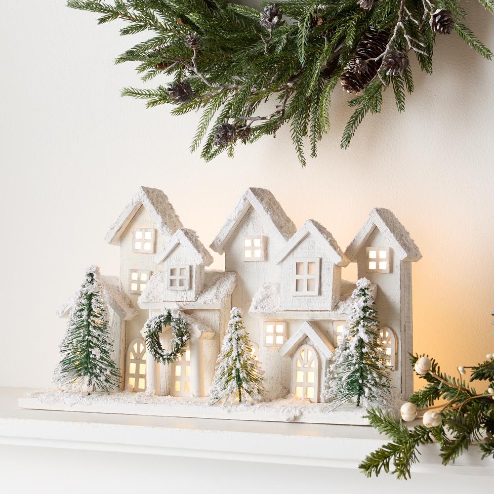 Christmas Rustic 17" LED Snow Covered Wood House Bottle Brush Trees/Wreath - The Primitive Pineapple Collection