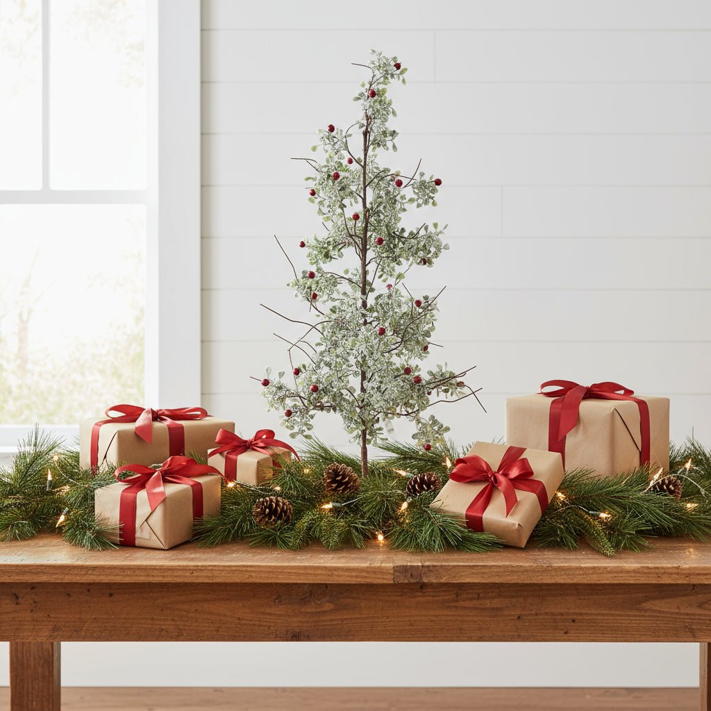 Christmas Farmhouse Rustic 24 Inch Glittered Mistletoe Tree w/Red Berries - The Primitive Pineapple Collection