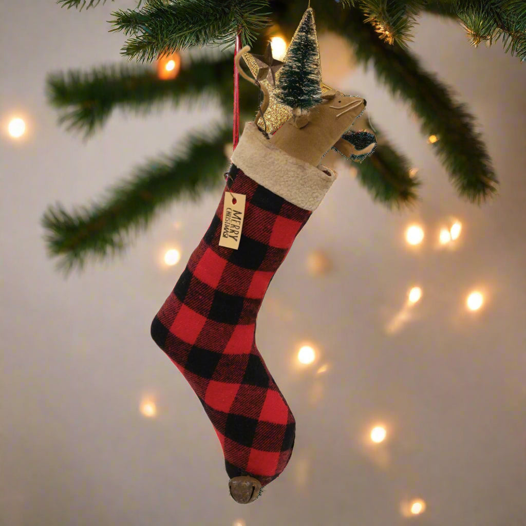 Primitive Christmas 17.5" Buffalo Plaid Stocking w/ Mouse and Christmas Tree