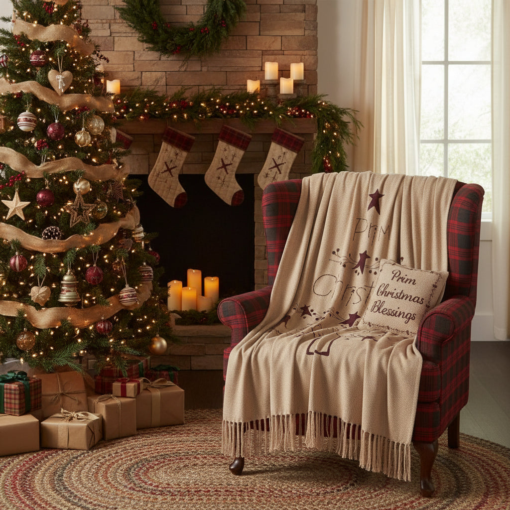 Primitive Christmas Gable Prim Christmas Blessings Woven Throw 50x60 - The Primitive Pineapple Collection