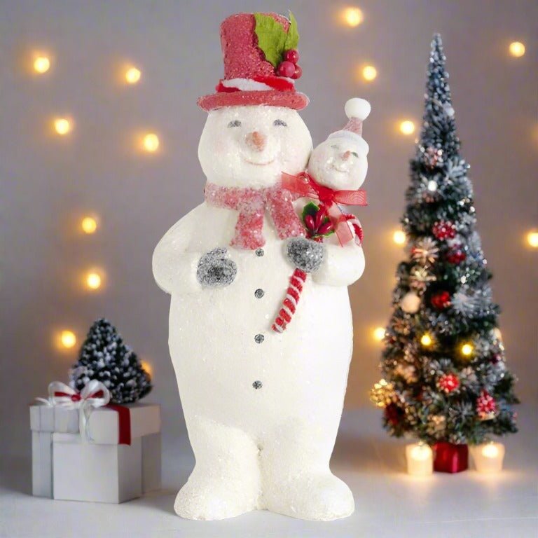 Primitive Christmas Holly Jolly 9.5" Sugar Glittered Snowman w/ Red Top Hat - The Primitive Pineapple Collection