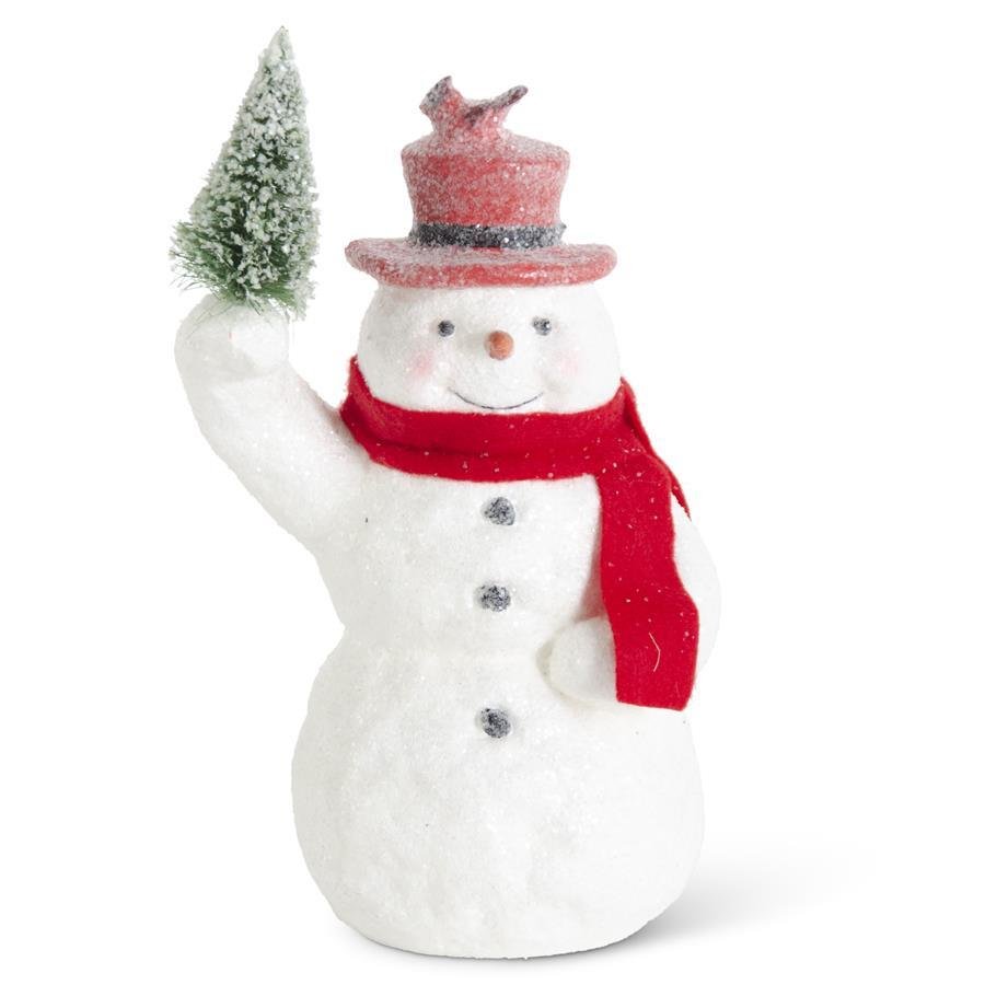 Primitive Christmas 10.25 Inch Sugar Glittered Snowman Holding Tree w/Red Top Hat - The Primitive Pineapple Collection