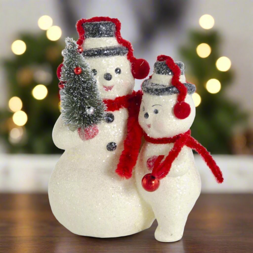 Primitive Christmas 6.25 Inch Glittered Snowmen w/Red Earmuffs/Scarf and Tree - The Primitive Pineapple Collection