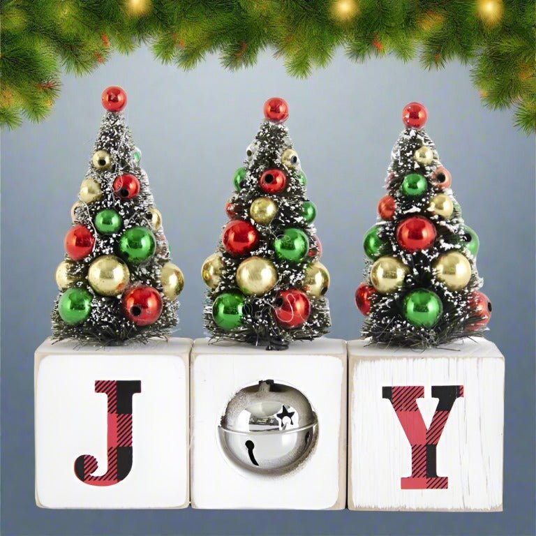 Christmas Holly Jolly White Joy Blocks With Bell and Bottle Brush Trees 4.75" - The Primitive Pineapple Collection