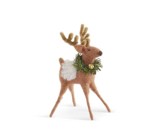 Primitive Farmhouse Christmas 6" Tan Wool Reindeer with Wreath and Bell - The Primitive Pineapple Collection