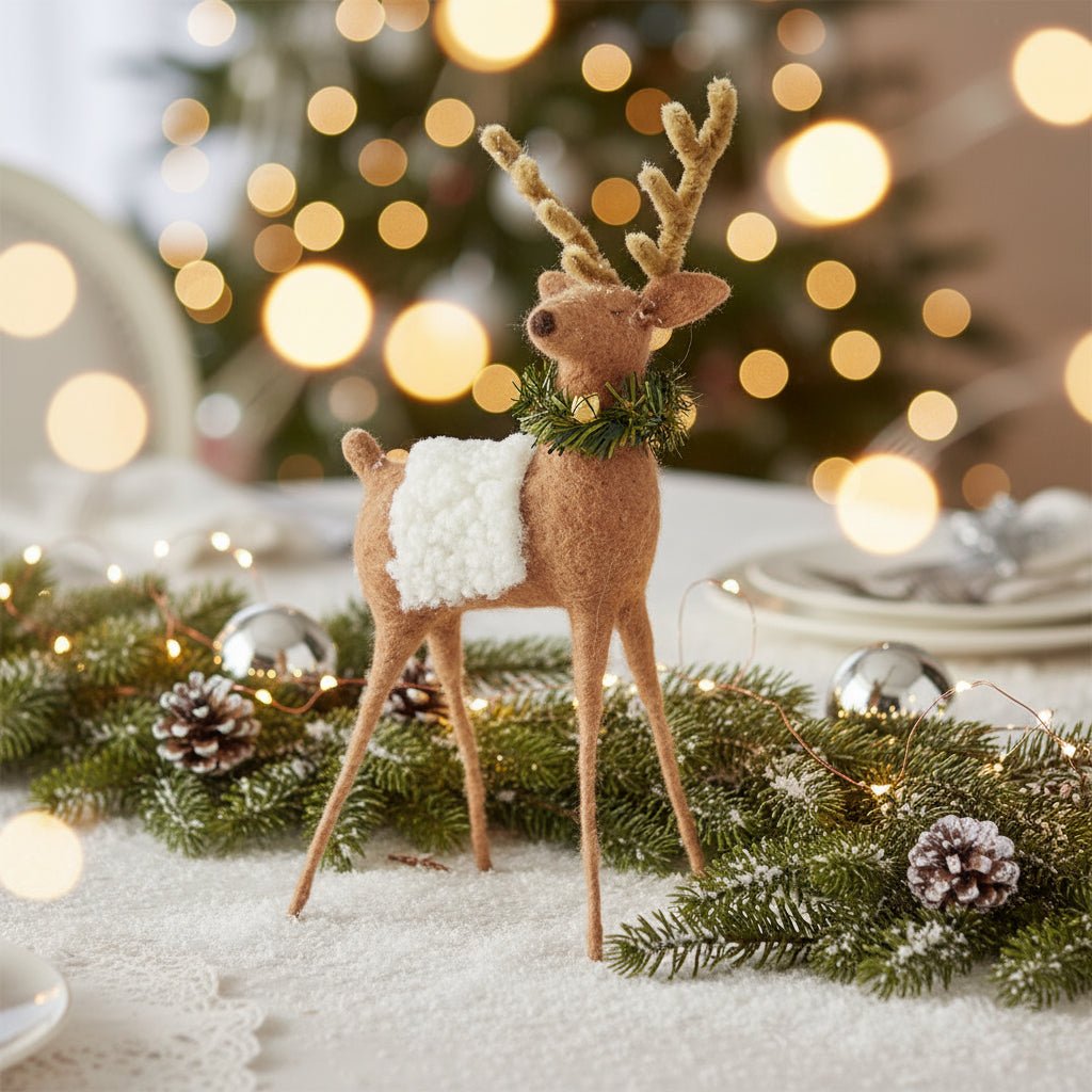 Primitive Farmhouse Christmas 10.25" Tan Wool Reindeer with Wreath and Bell - The Primitive Pineapple Collection