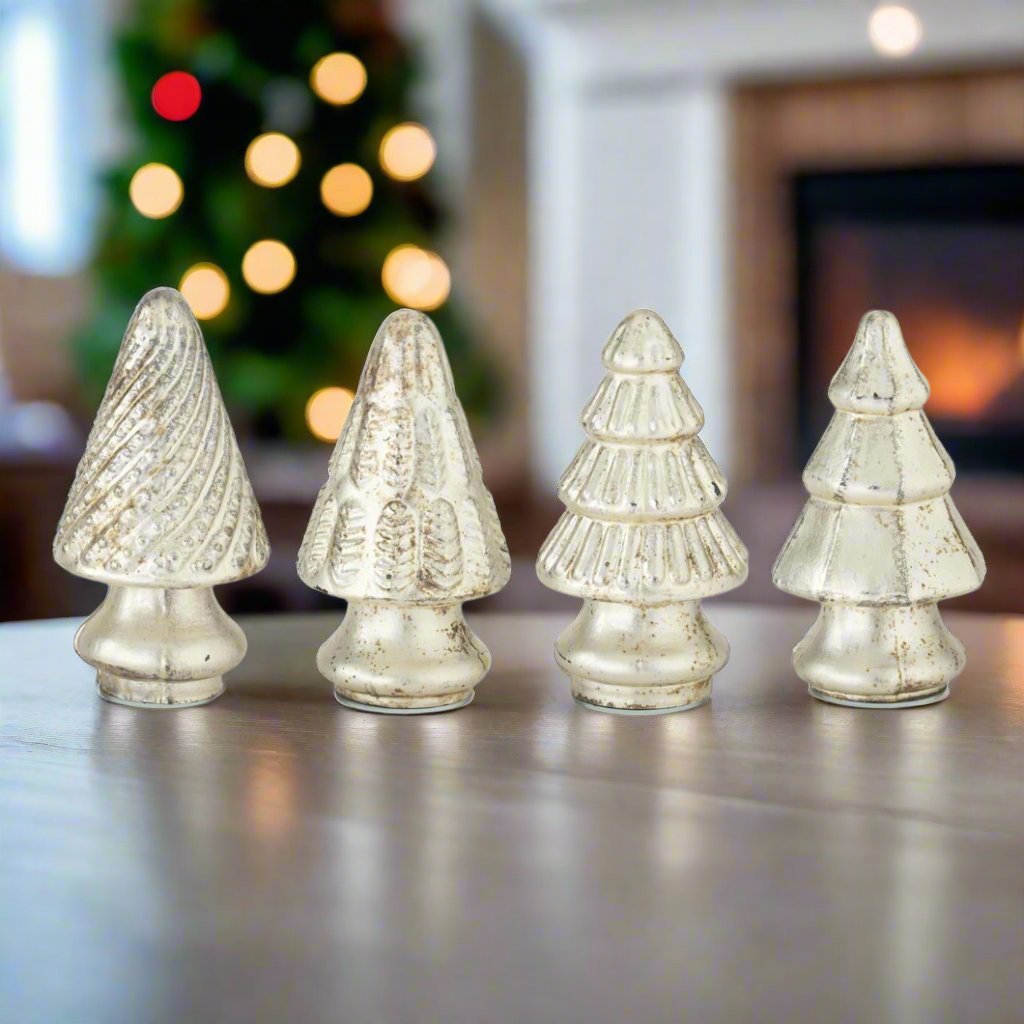 Primitive Christmas 5.25” Gold Mercury Glass Tree 4 pc set - The Primitive Pineapple Collection