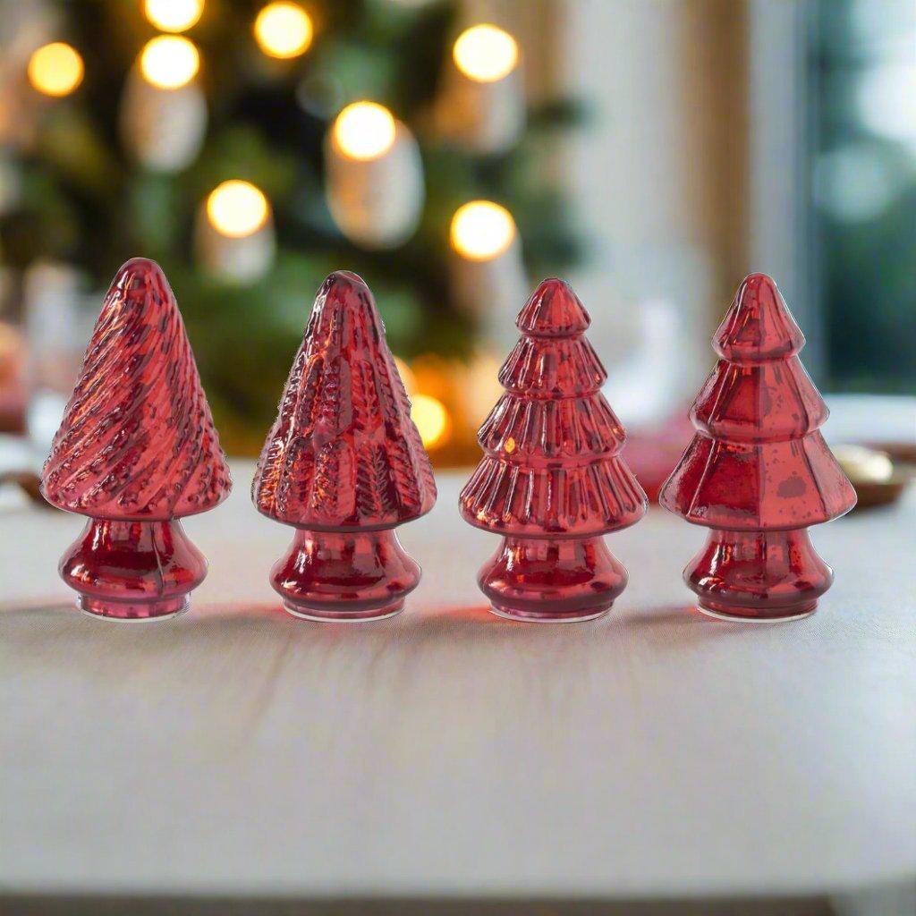 Primitive Christmas 5.25” Red Mercury Glass Tree 4 pc set - The Primitive Pineapple Collection