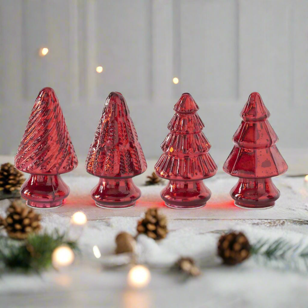 Primitive Christmas 5.25” Red Mercury Glass Tree 4 pc set - The Primitive Pineapple Collection
