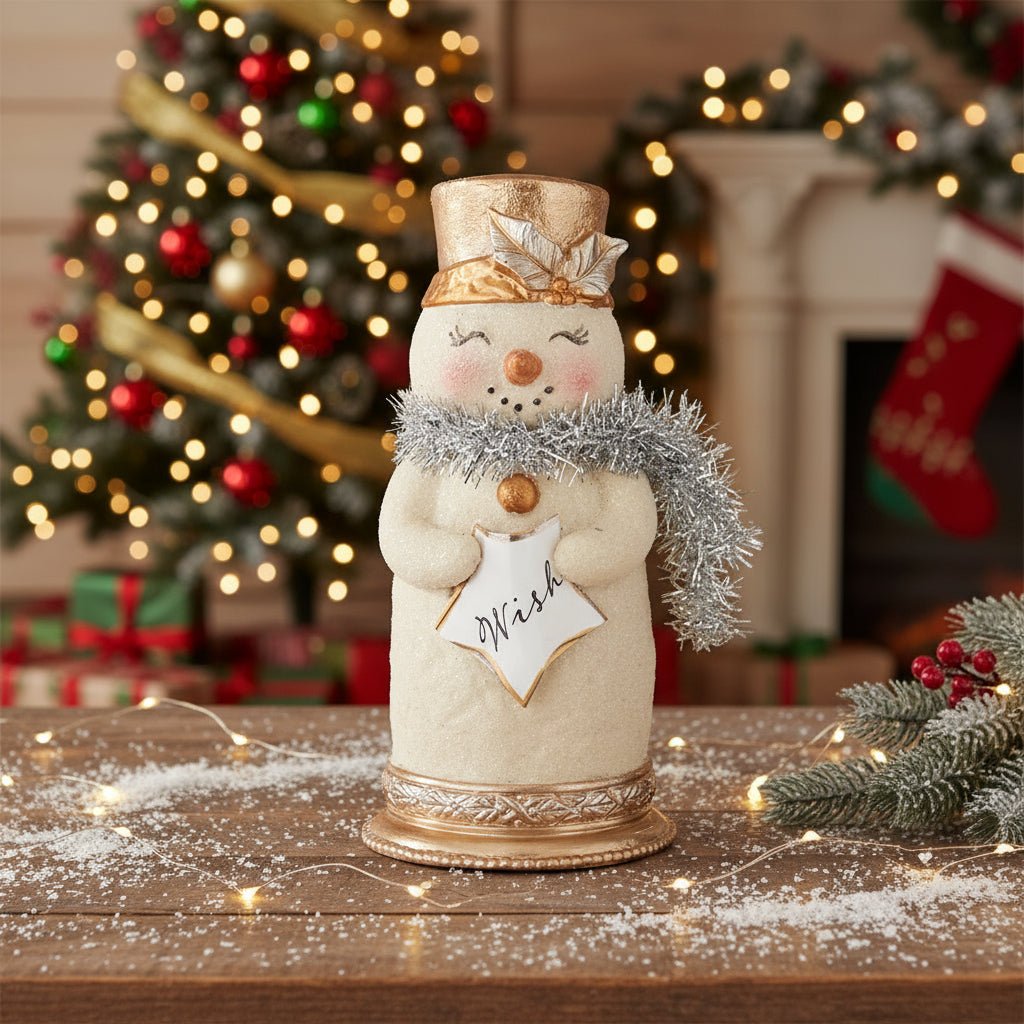 Primitive Vintage Look Christmas Believe or Wish Style 5.5" Snowman w/ Silver Tinsel - The Primitive Pineapple Collection