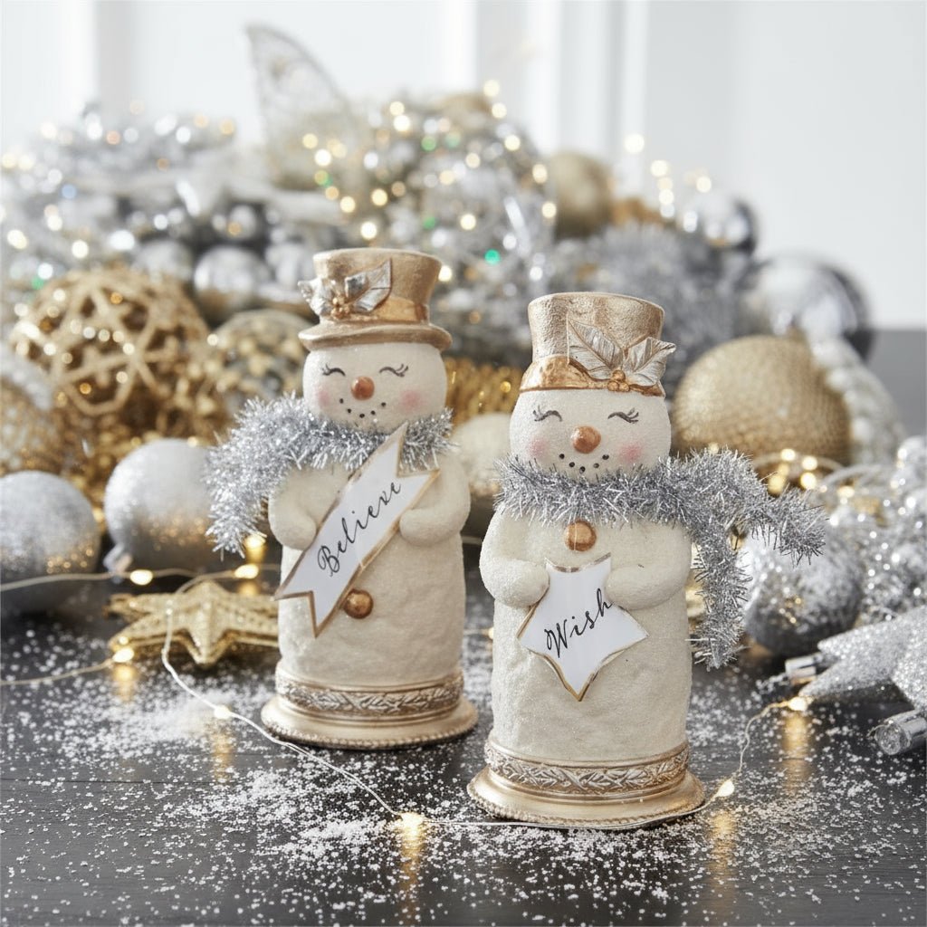 Primitive Vintage Look Christmas Believe or Wish Style 5.5" Snowman w/ Silver Tinsel - The Primitive Pineapple Collection