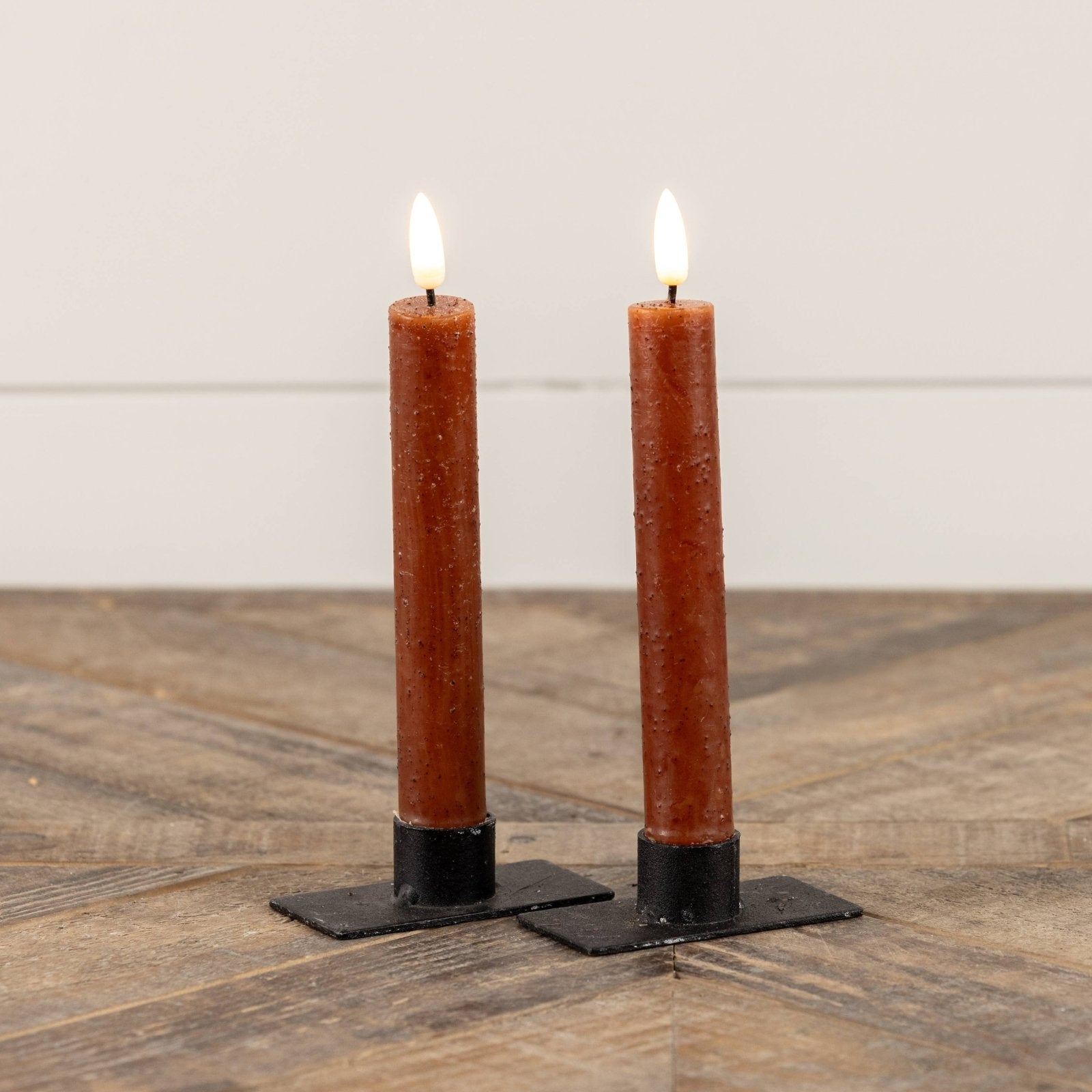 Primitive Country 7" 3D Flame 2 pc Bronze Flicker Taper Candle 6hr timer - The Primitive Pineapple Collection