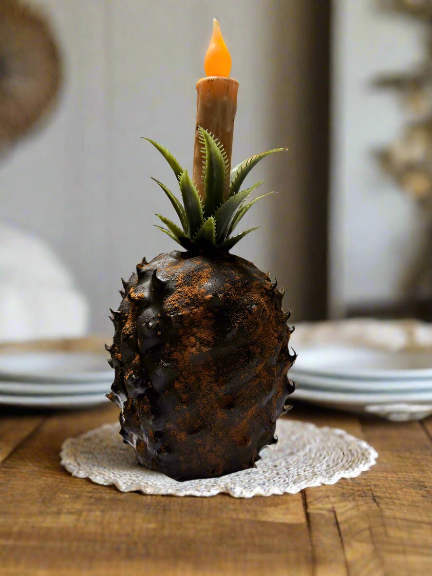Primitive Colonial Grungy Cinnamon Scented Pineapple with 4" Cream Taper - The Primitive Pineapple Collection