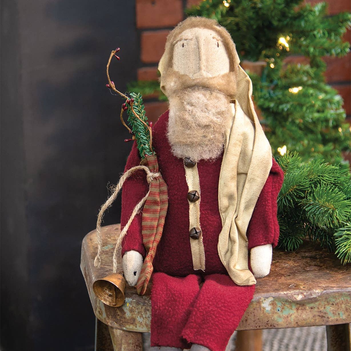 Primitive Christmas Rustic 18.5" Santa Doll with Bell and Greens - The Primitive Pineapple Collection