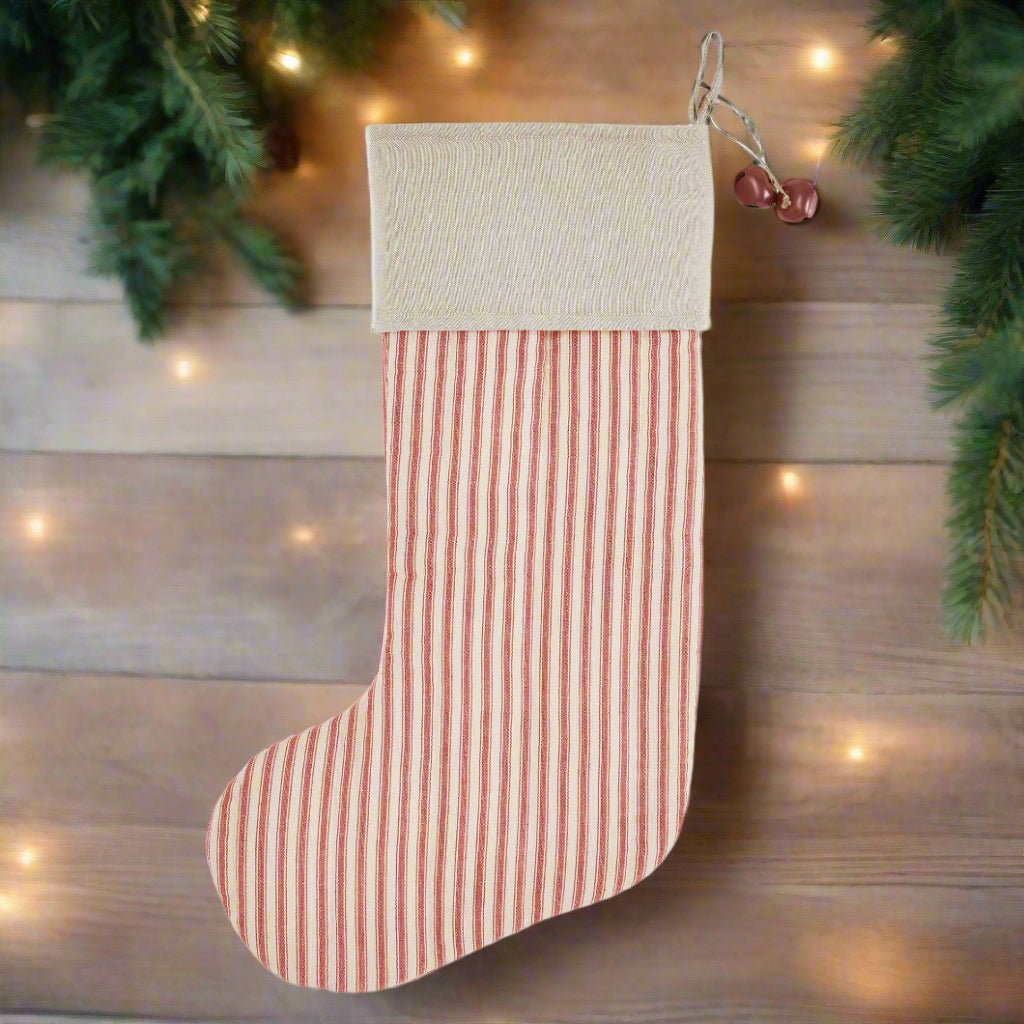 Primitive Christmas Sawyer Mill Red Ticking Stripe Stocking 12x20 - The Primitive Pineapple Collection