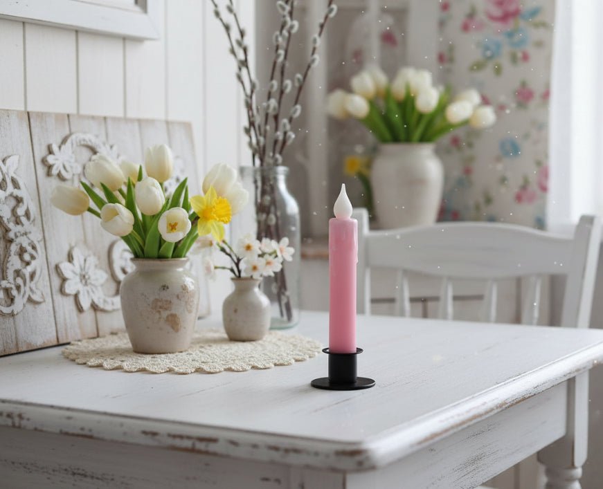 Spring Easter Handcrafted 7” Pastel Light Pink Led Timer Taper Candle - The Primitive Pineapple Collection