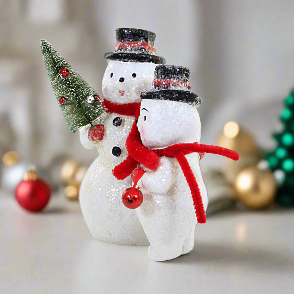 Christmas Pair Of Vintage Look Dapper Snowmen w/ Bottle Brush Tree Figurine - The Primitive Pineapple Collection
