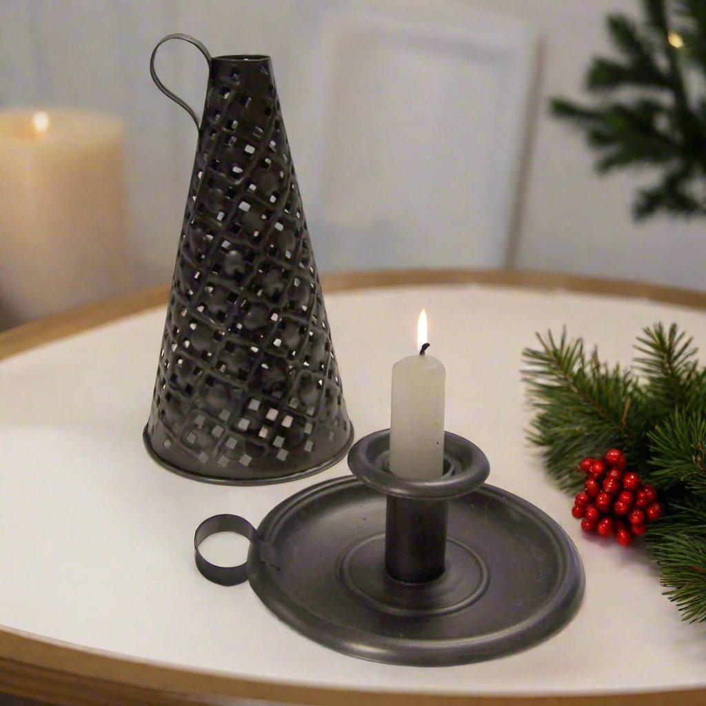 Primitive Colonial 7" Early American Candle Holder w/ Tin Shade - The Primitive Pineapple Collection