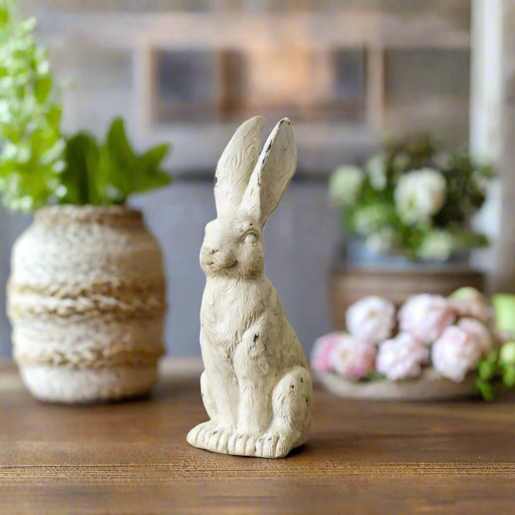 Primitive Farmhouse Spring Easter 5" Distressed White Bunny Rabbit Figurine - The Primitive Pineapple Collection