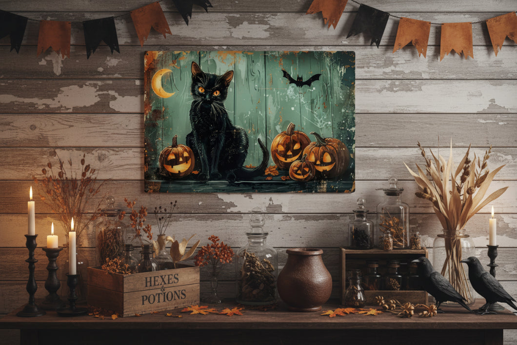Primitive Halloween Black Cat Pumpkins 12x8 Metal Sign