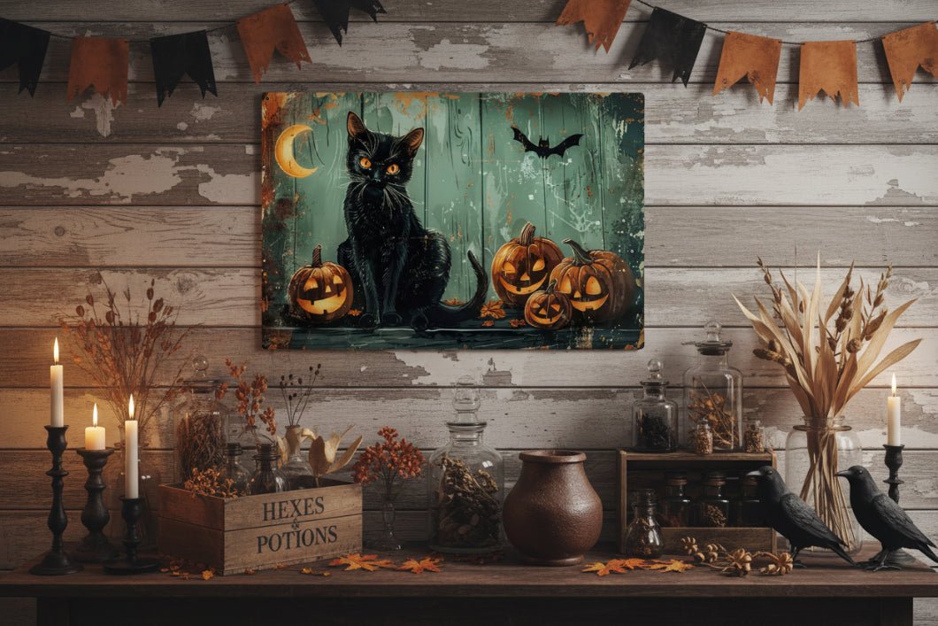 Primitive Halloween Black Cat Pumpkins 12x8 Metal Sign - The Primitive Pineapple Collection