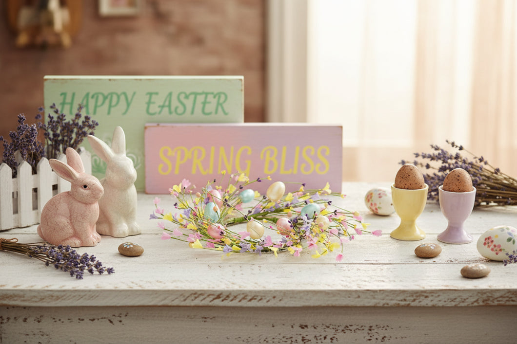 Farmhouse Spring Easter 16" Candy Shop Wreath w/ Easter Eggs and Forsythia - The Primitive Pineapple Collection