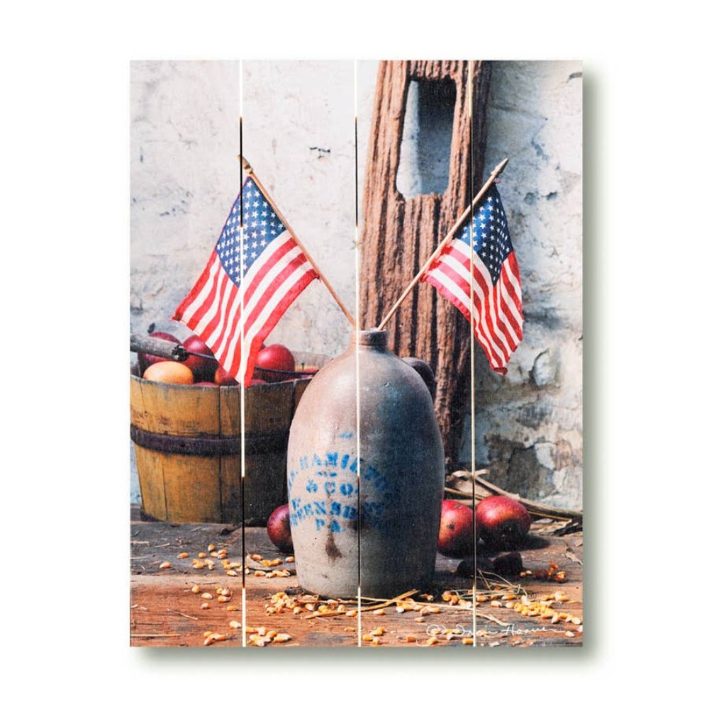 Primitive Folk Art Jug and Flags Rustic Pallet Art USA - The Primitive Pineapple Collection