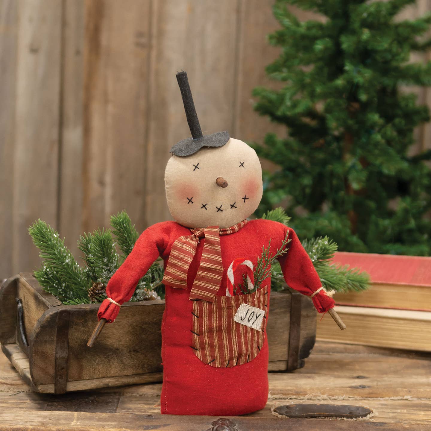 Primitive Christmas 14.5” Joy Pocket Stump Snowman w/ Candy Cane Doll - The Primitive Pineapple Collection