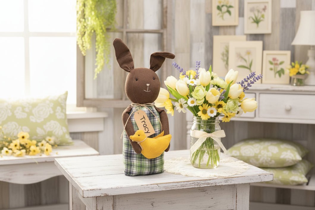 Farmhouse Spring Tracy Chocolate Bunny Doll w/Chick Doll - The Primitive Pineapple Collection