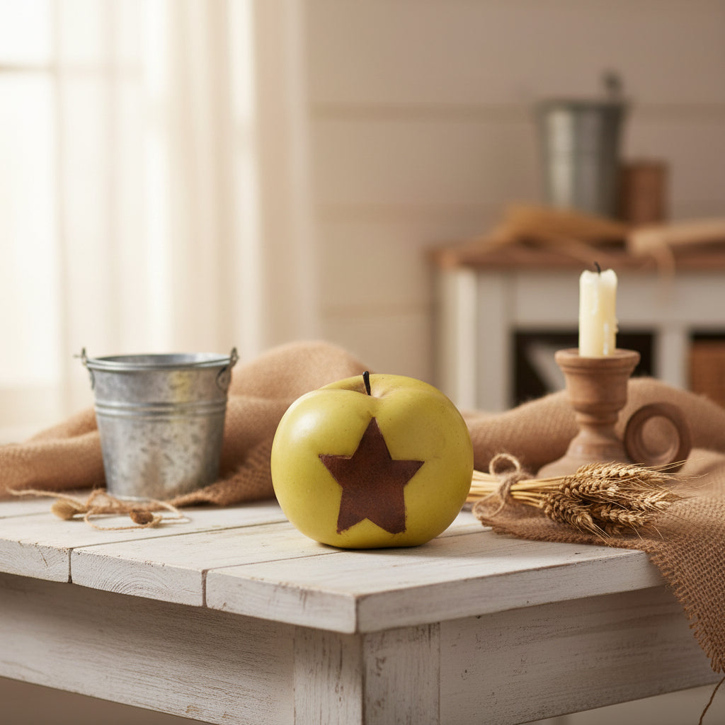 Primitive Colonial 4 Inch Large Yellow Apple with Star Bowl Filler - The Primitive Pineapple Collection