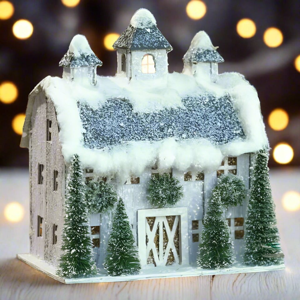 Ragon House Christmas 7” Light Up Putz Style Barn White Bottle Brush tree Wreath - The Primitive Pineapple Collection