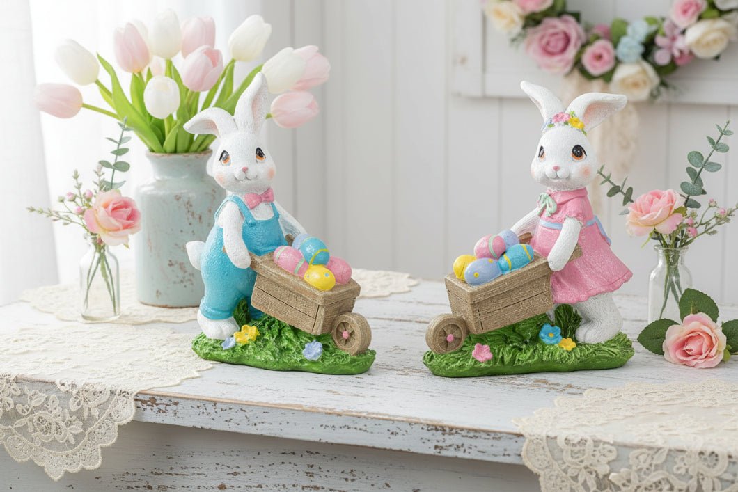 Farmhouse Spring Easter 2 pc Retro Look Bunny Easter Egg Wheelbarrow Figurines - The Primitive Pineapple Collection