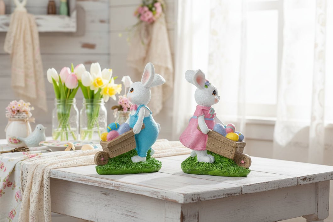 Farmhouse Spring Easter 2 pc Retro Look Bunny Easter Egg Wheelbarrow Figurines - The Primitive Pineapple Collection