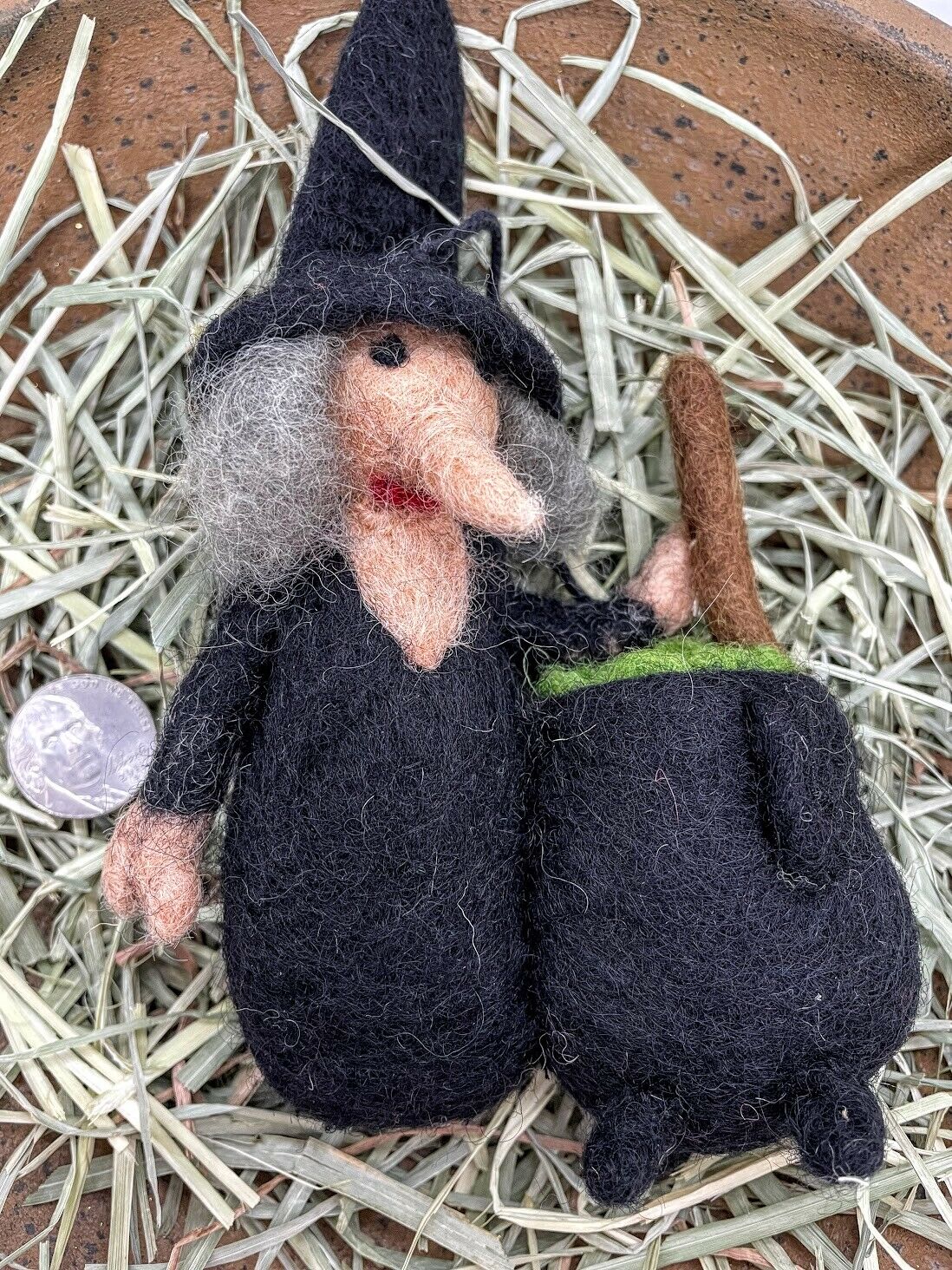 Primitive Folk Art Handmade Felted Wool Witch w/ Cauldron Halloween Ornaments - The Primitive Pineapple Collection