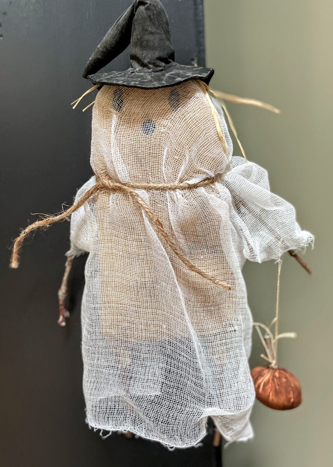 Primitive Fall Halloween Handcrafted 2 pc Hanging Ghostly Ghosts w/ Pumpkin 14" - The Primitive Pineapple Collection