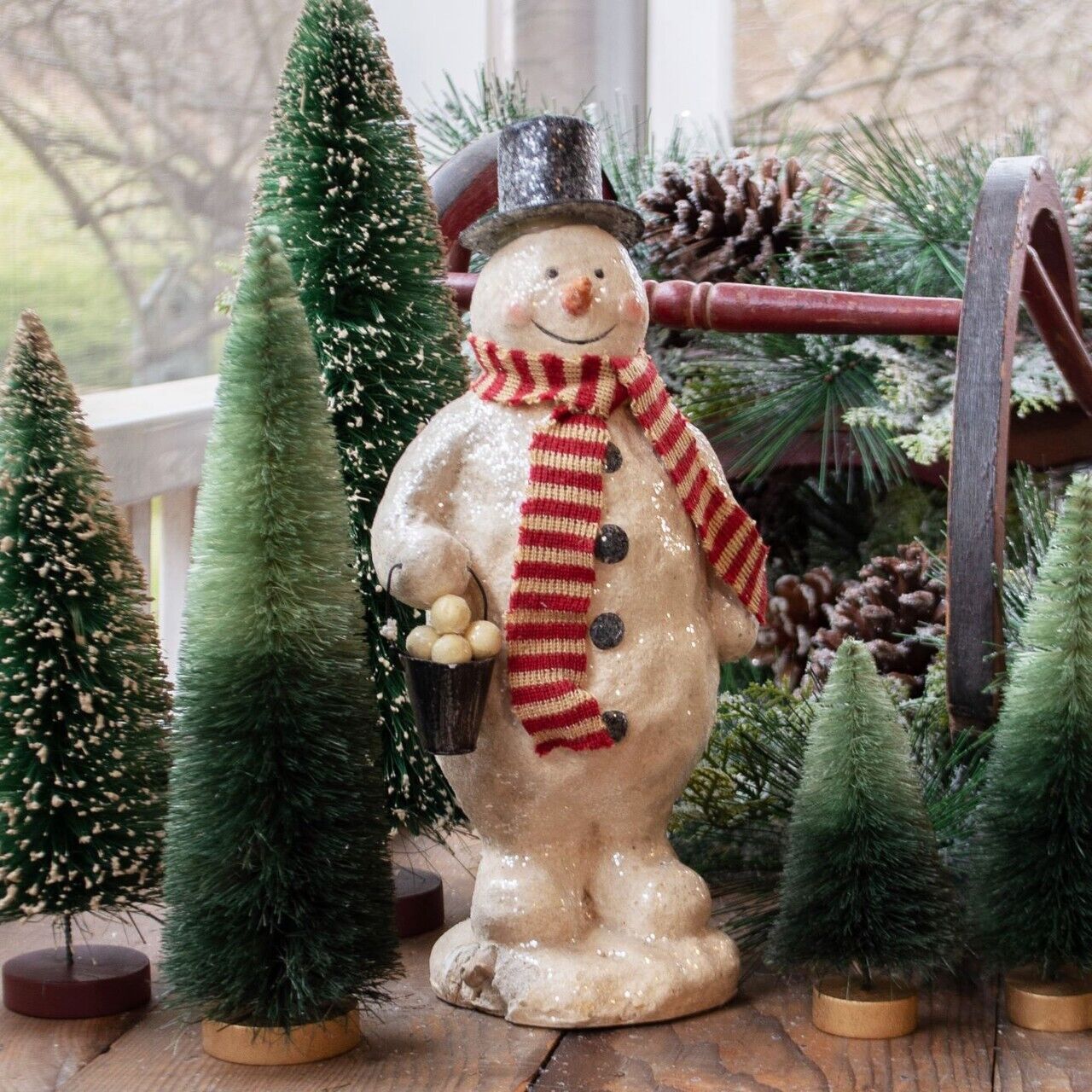 Ragon House Primitive Retro Snowman Figurine – 9" Mache with Top Hat, Scarf & Snowball Bucket - The Primitive Pineapple Collection