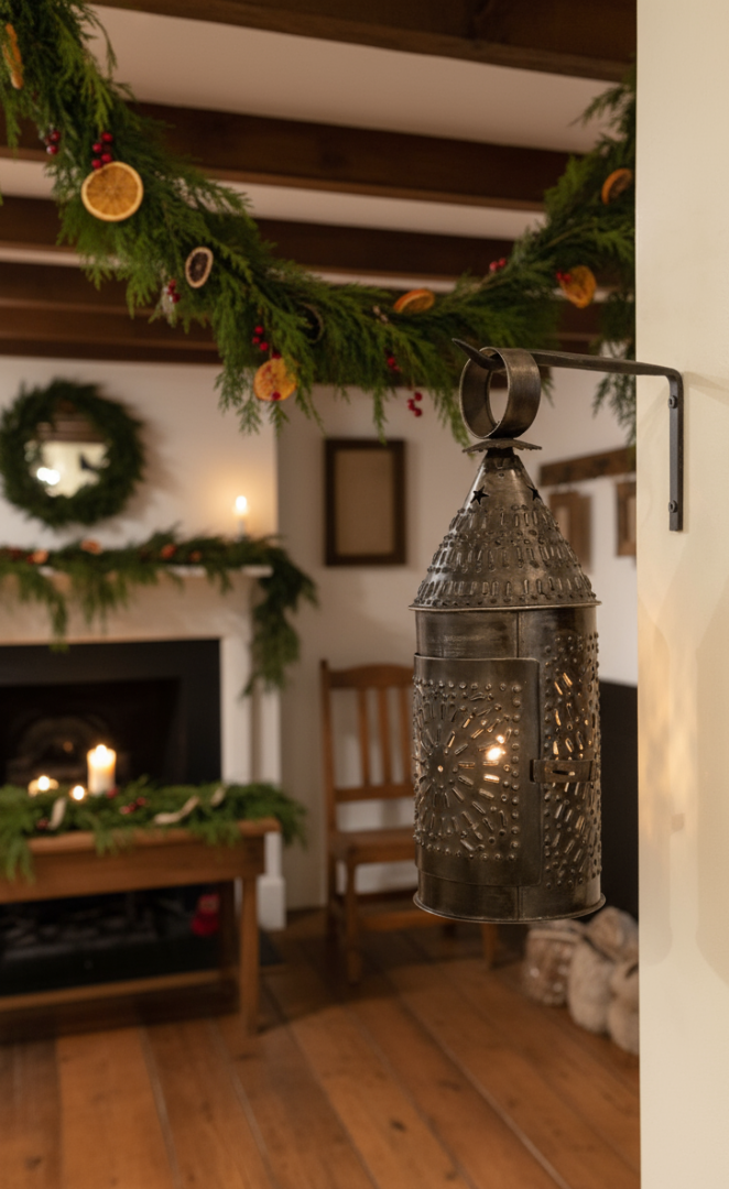 Primitive Early American Paul Revere Black Punch Tin Lantern 14” Taper Holder