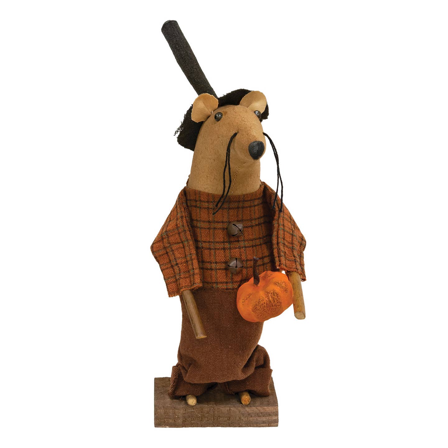 Primitive Fabric Halloween Fall Farmer Plaid Mouse W/Pumpkin On Base 10.5 - The Primitive Pineapple Collection