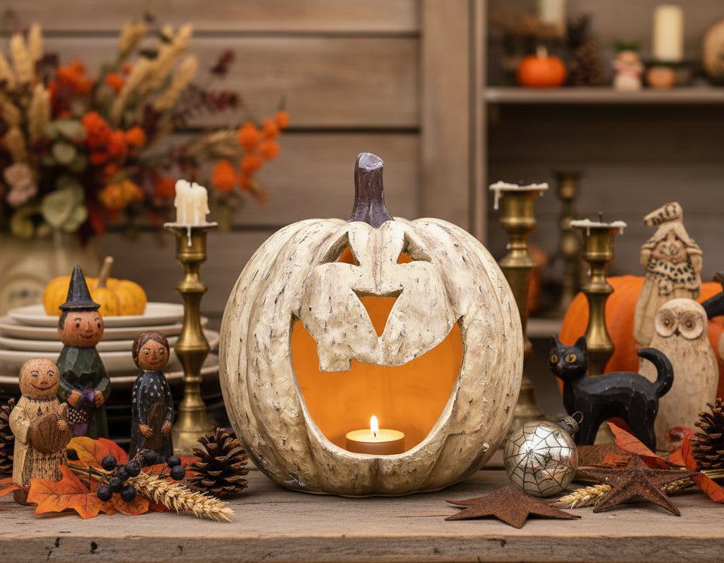 Halloween Fall Ragon House Collectable 15” White Big Mouth Pumpkin Luminary - The Primitive Pineapple Collection