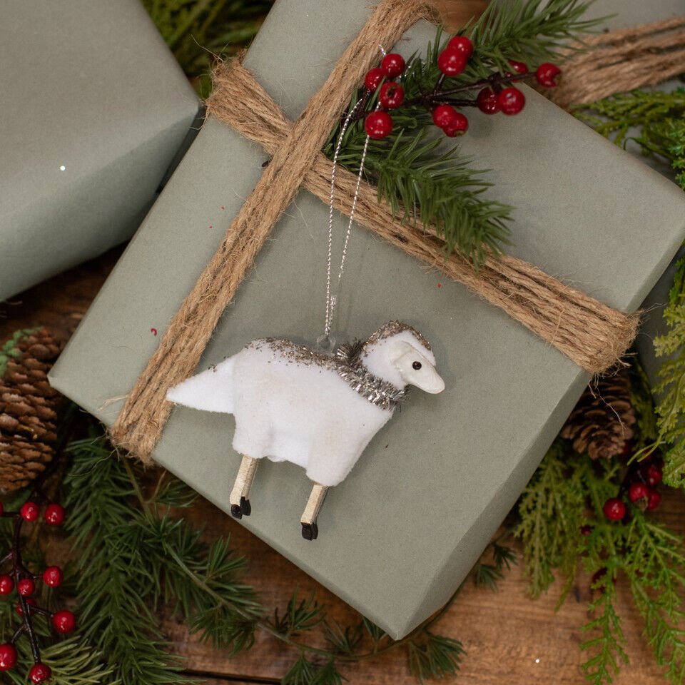Ragon House Primitive Sheep Christmas Ornament – 3.5" with Tinsel Collar - The Primitive Pineapple Collection