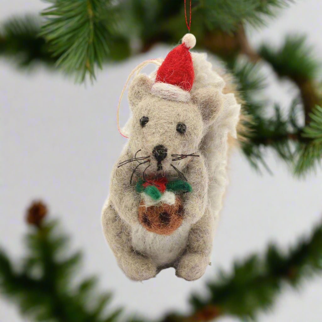 Primitive Country Handcrafted Squirrel with Christmas Pudding Ornament - The Primitive Pineapple Collection