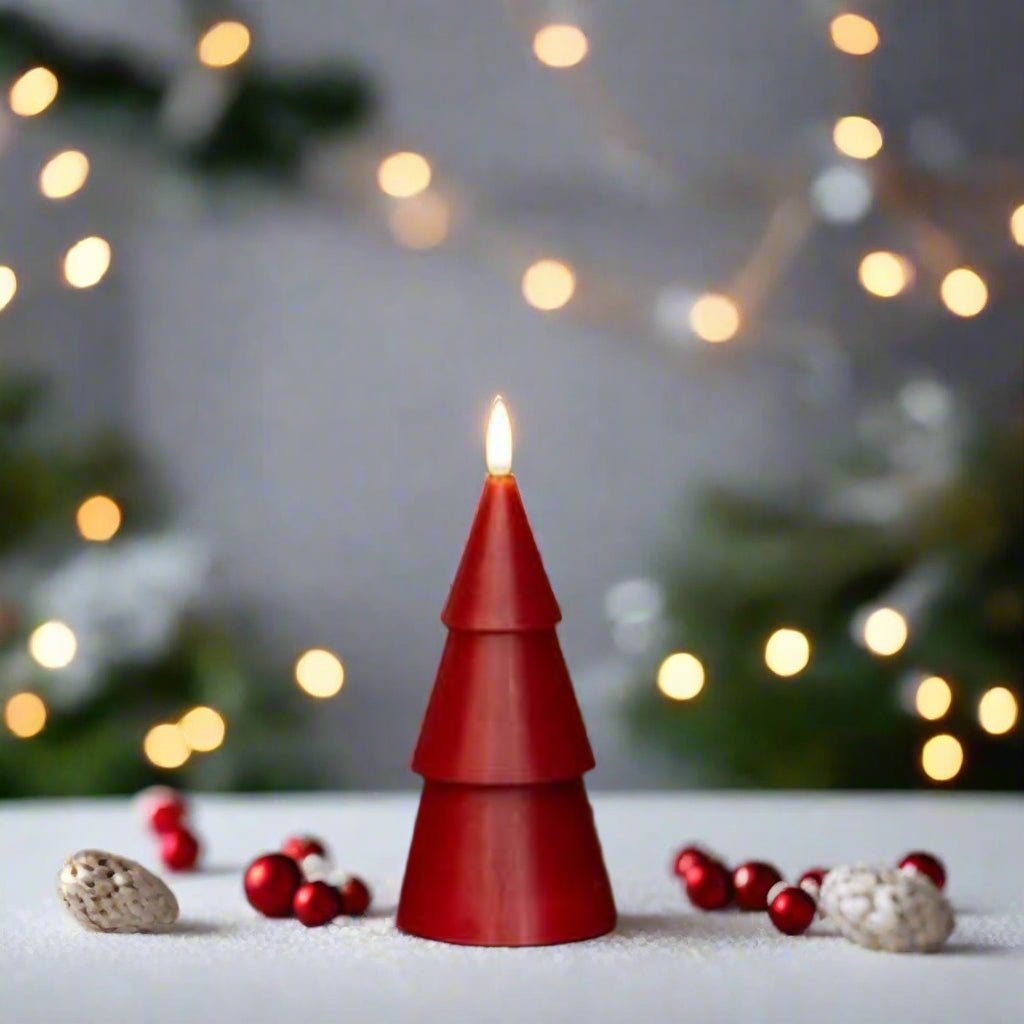 Primitive Christmas Ragon House 7" Red 3D Flame Smooth Tree Candle w/ Timer - The Primitive Pineapple Collection