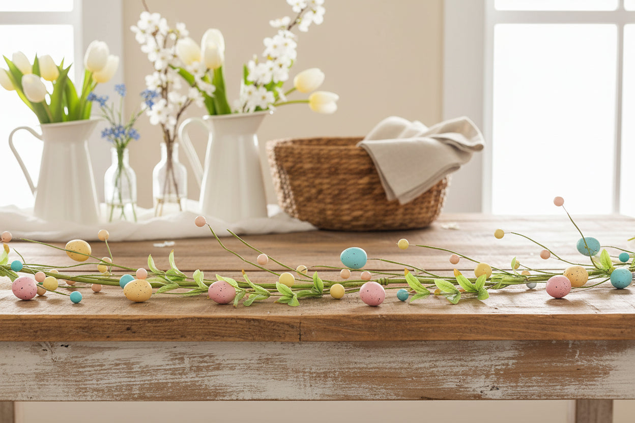 Primitive Farmhouse 4ft Pastel Egg Garland with Willow Leaves - The Primitive Pineapple Collection