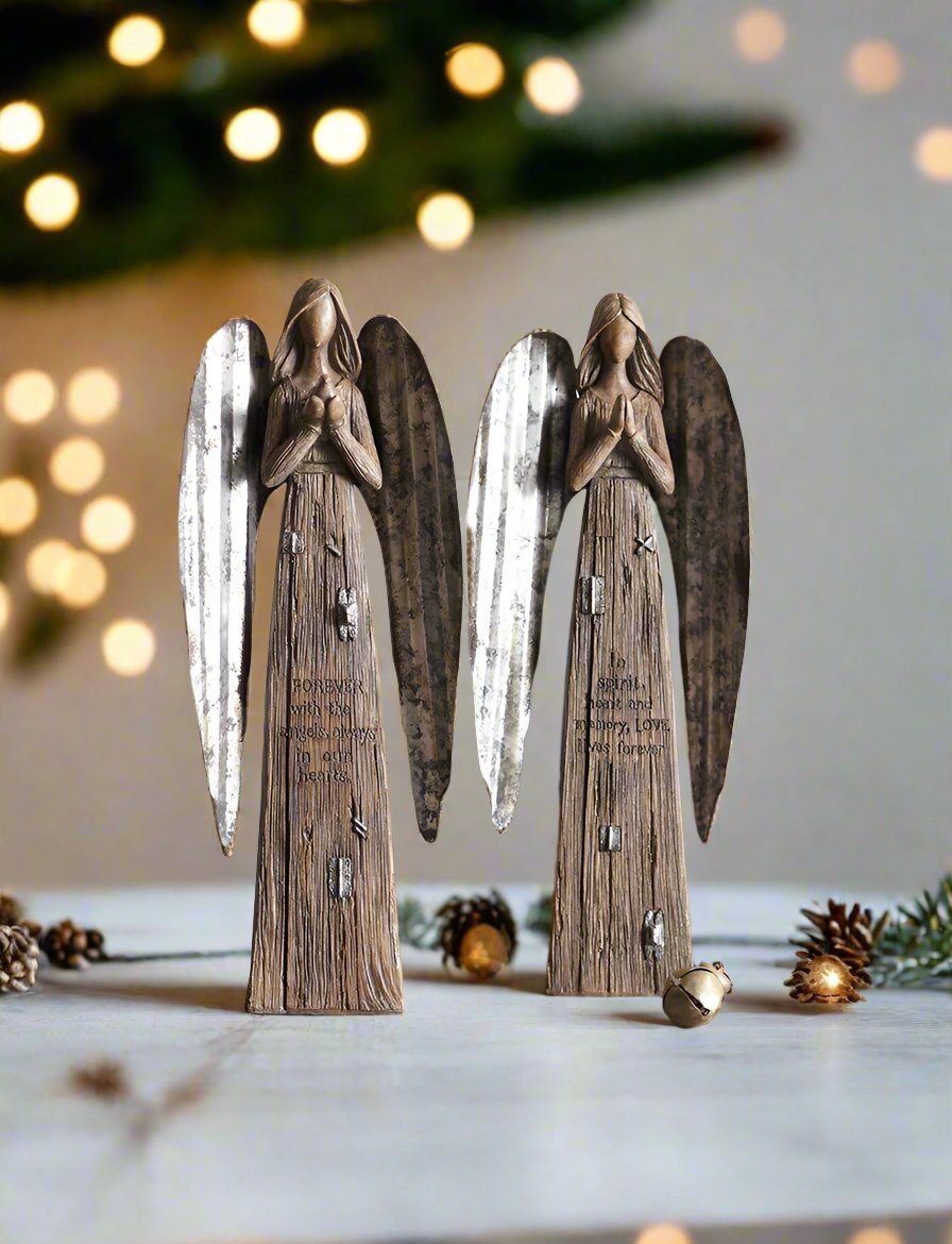 Christmas Rustic Look 13.75" 2 pc Angel Figurine with Metal Wings - The Primitive Pineapple Collection