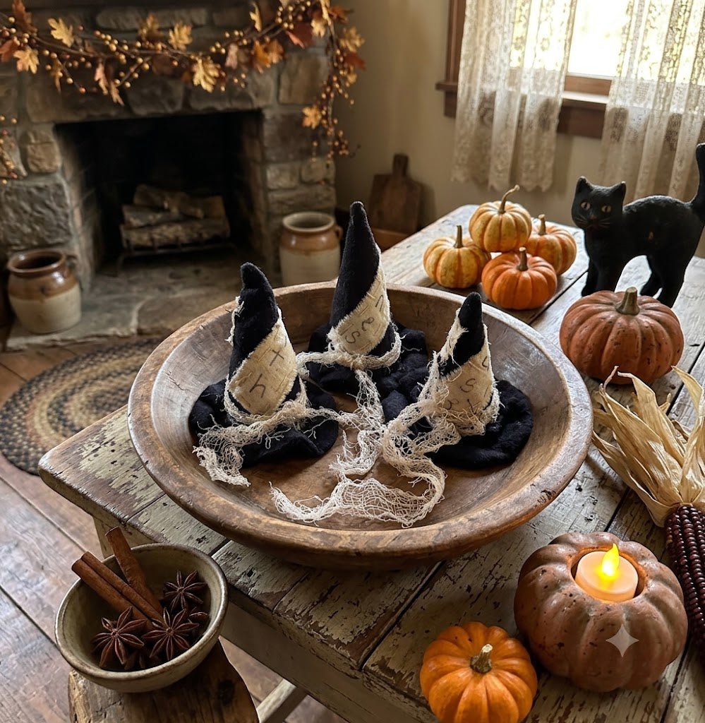 Fall Halloween Handcrafted 3 pc 4"Cinnamon Dusted Witch Hats Bowl Filler - The Primitive Pineapple Collection