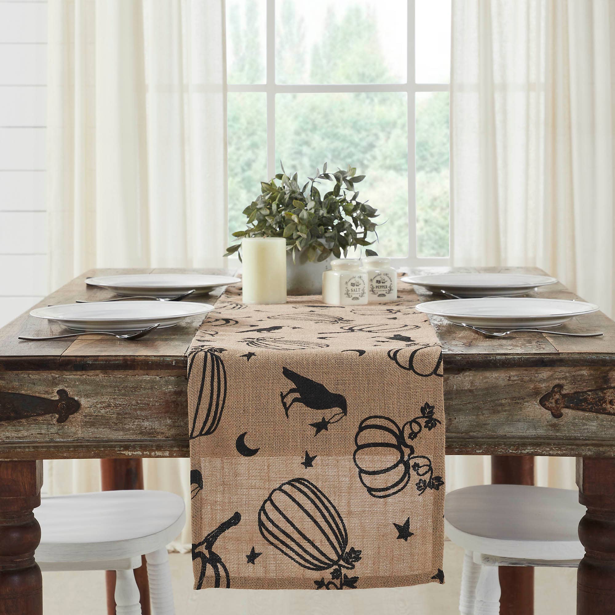 Primitive Fall Halloween Raven Harvest Burlap Jute Runner 12"x60" - The Primitive Pineapple Collection