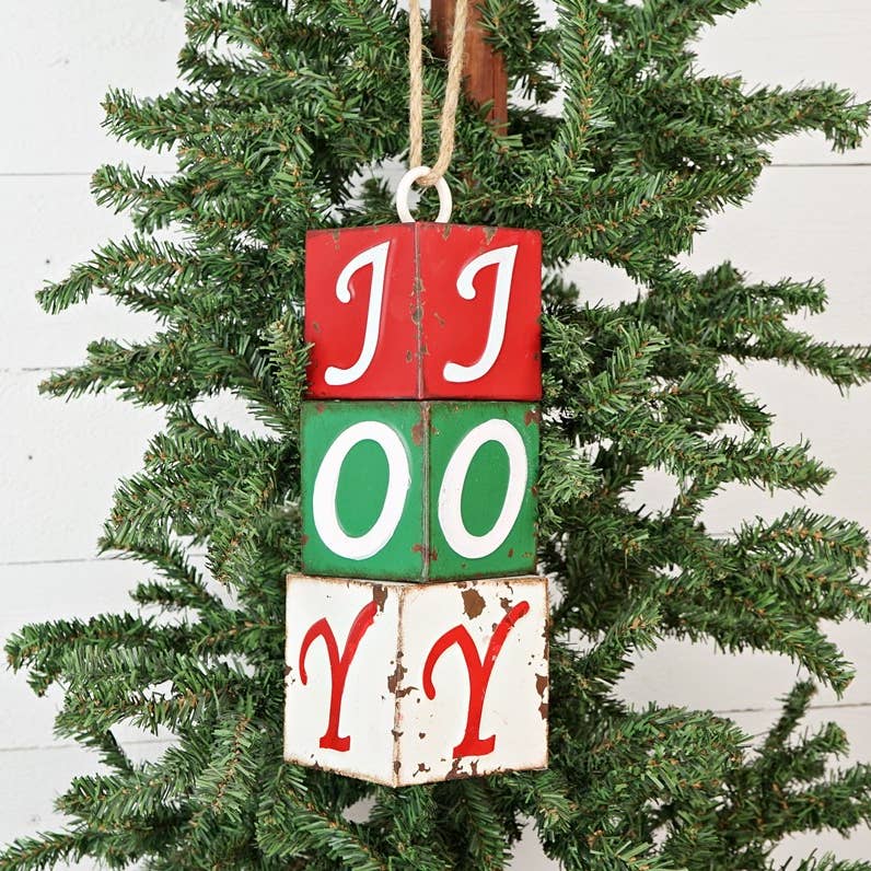 Primitive Christmas Metal Stack Of JOY Blocks Large Ornament 11.5&quot;